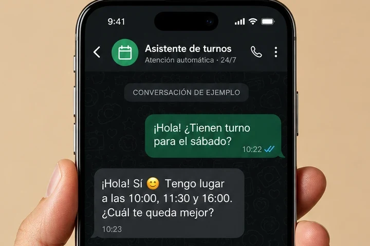 Celular con un chat de WhatsApp donde un asistente automático reserva un turno para el sábado