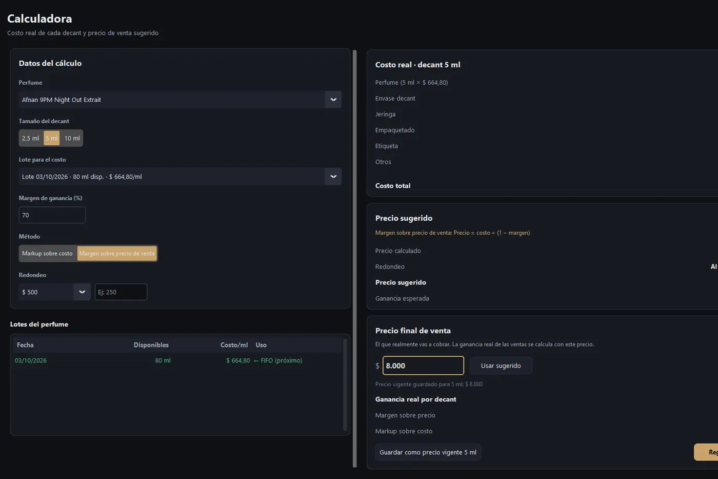 Calculadora de costos de Decant Manager